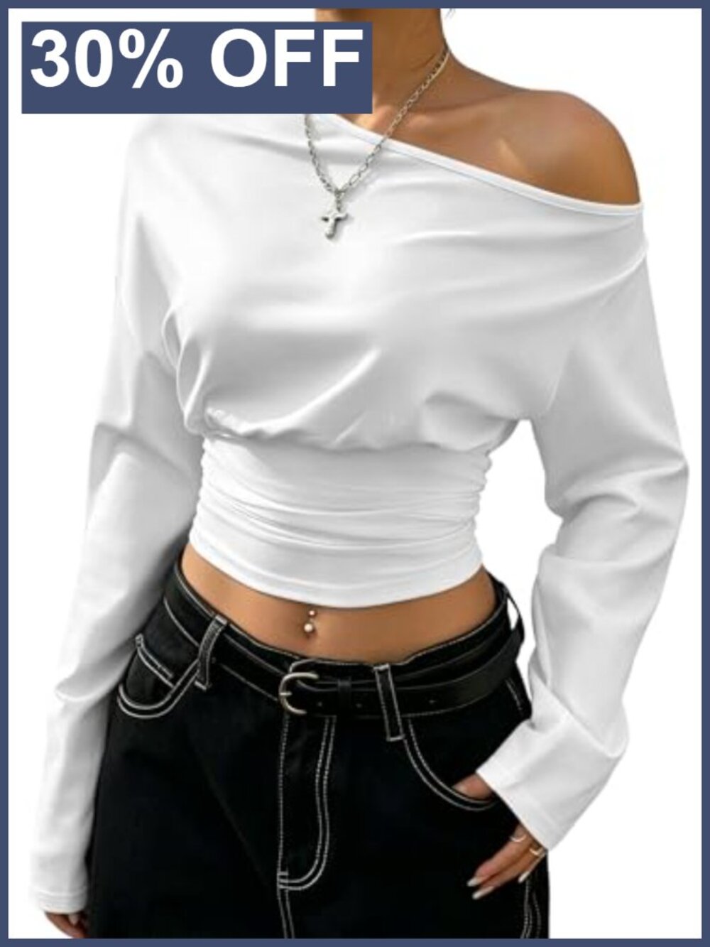 Off Shoulder Cinched Waist Long Sleeve Crop Top One Shoulder Ruched